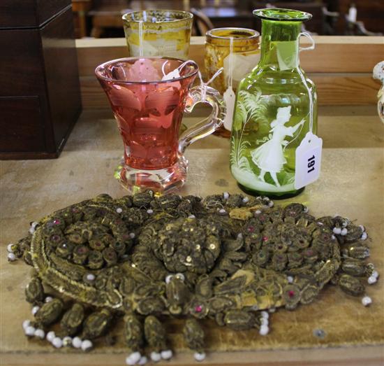 Mary Gregory green glass carafe, Bohemian Spa heavy glass tankard with 13 engraved panels & 2 Bohemian engraved goblets